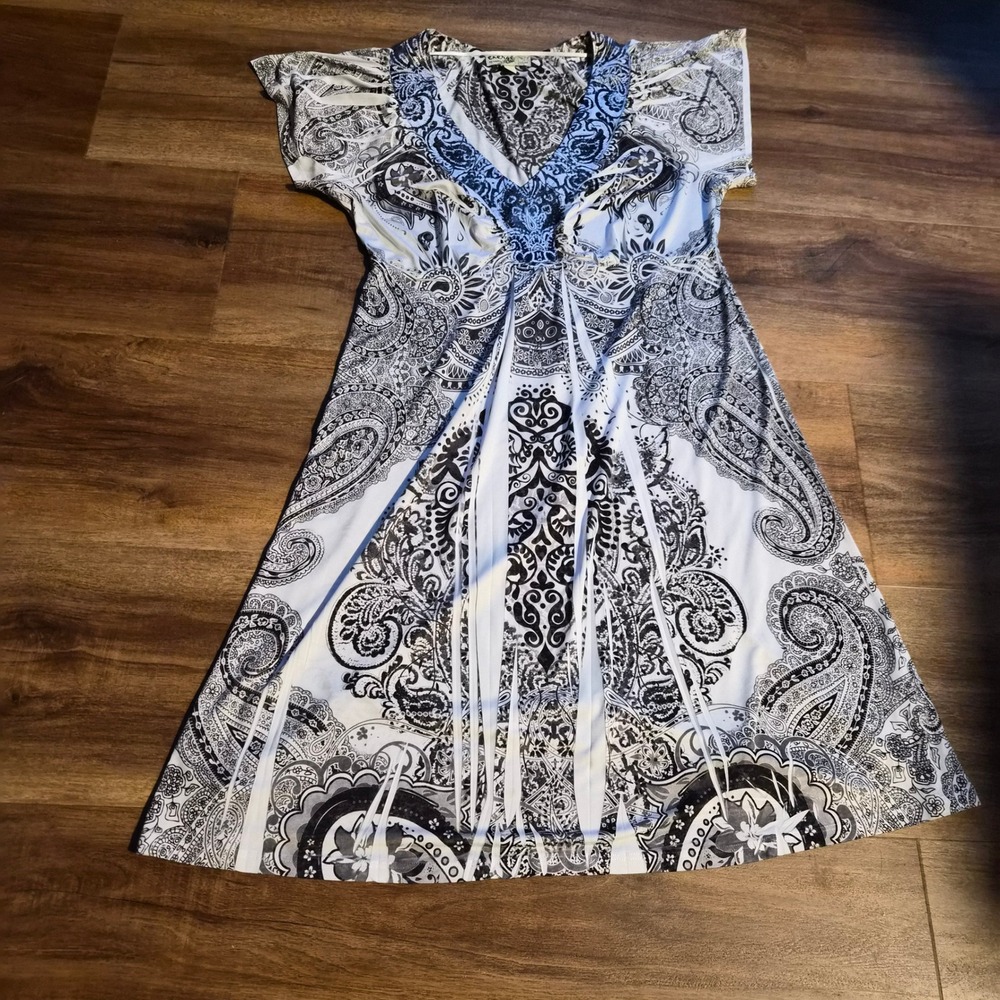 Energe by One World Womens Black White Paisley V-Neck Empire Waist Dress Medium